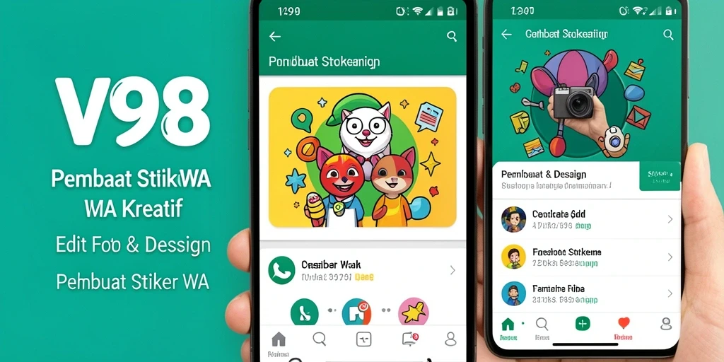 Antarmuka V98 menunjukkan fitur Pembuat Stiker WA yang intuitif dan mudah digunakan.
